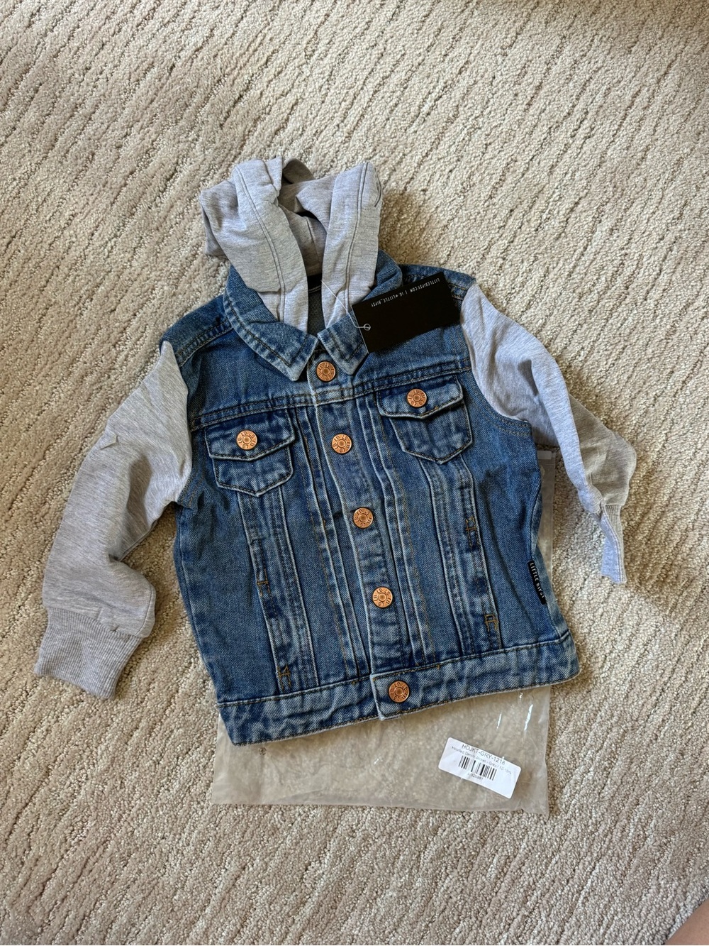 Little Bipsy Blue Denim Jacket with Grey Hoodie Sleeves